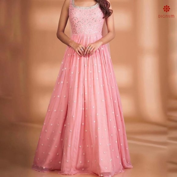 Carnation Pink Designer Partywear Heavy Embroidery Work Gown - Picture 4 of 5